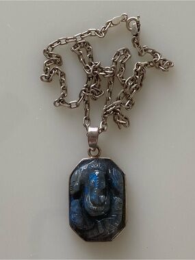 Hand Carved Labradorite Ganesha Necklace set in Sterling